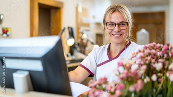 Fototapeta cheerful receptionist in healthcare setting warmly greets client, fostering positive customer relationship