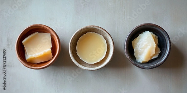 Obraz Three ceramic bowls with rendered animal fat in solidified form on light background, showcasing different textures and colors
