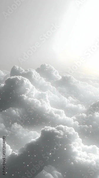 Fototapeta Ethereal clouds pure white fill the frame with celestial light and scattered small sparkles Sky fades above