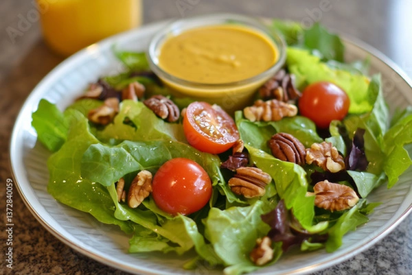 Fototapeta A realistic plate of mixed greens salad with roasted nuts, tomatoes, and a honey mustard dressing, illuminated by soft daylight.
