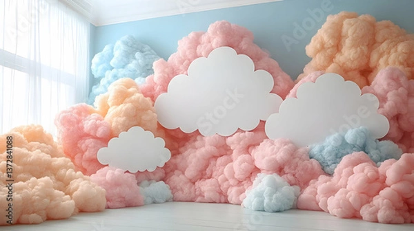 Fototapeta Ethereal room with pastel clouds fluffy textures and white cloud cutouts against a light blue wall Soft lighting crea