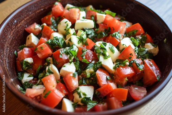 Fototapeta A simple tomato and mozzarella salad with basil, in natural soft light that emphasizes the freshness.