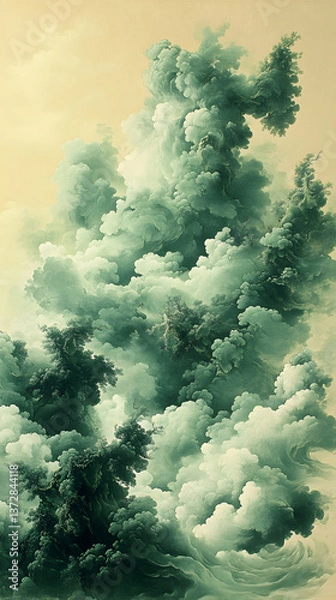 Obraz Ethereal vista of trees among clouds painted in muted greens  beige hues evokes serenity Soft canvas texture enhance
