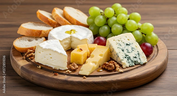 Obraz Exquisite cheese assortment featuring grapes, bread, and nuts served on wooden plate