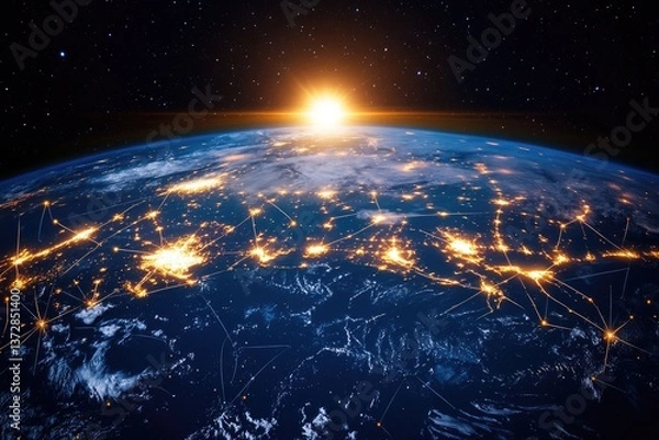 Fototapeta An illuminated Earth with intricate, glowing connection lines stretching across oceans and land, representing global communication and data transfer networks