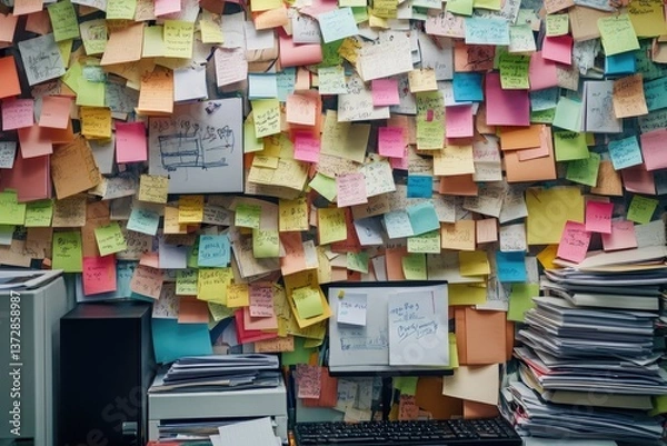 Fototapeta A cluttered desk with mismatched files, sticky notes everywhere, and an overflowing inbox, showcasing disorganized management in a corporate setting
