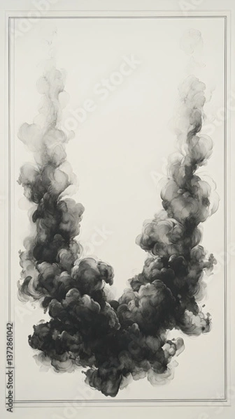 Fototapeta Framed art depicts two plumes of black smoke rising from the center dissipating into airy wisps against a crisp white b