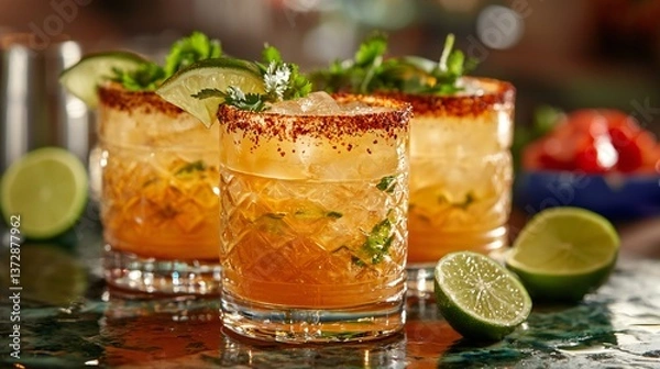 Fototapeta Cinco de Mayo, Refreshing Spicy Tequila Cocktails with Lime and Cilantro Garnish in Elegant Glasses Perfect for Summer Parties and Festive Occasions