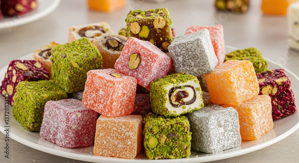 Fototapeta Assorted Turkish delight cubes on a white plate creating a colorful arrangement