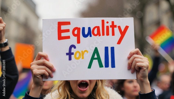 Fototapeta Determined protester holding “Equality for All” sign at rally, solidarity