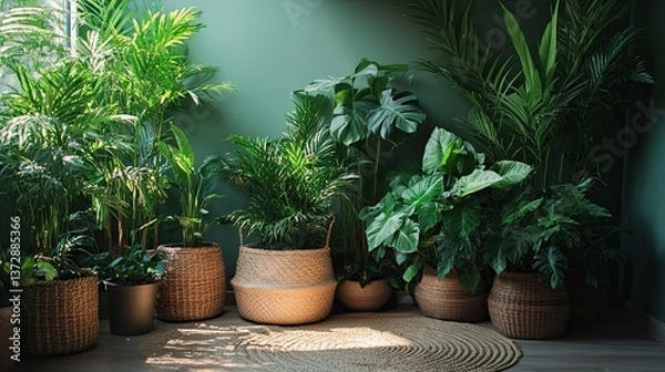 Fototapeta Indoor garden corner with decorative plants, creating a lush green oasis within your home with carefully selected plants and planters.