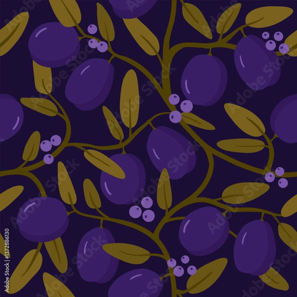 Obraz intertwining purple plums on a seamless pattern. Endless fruit and berry wallpapers. kitchen print with food