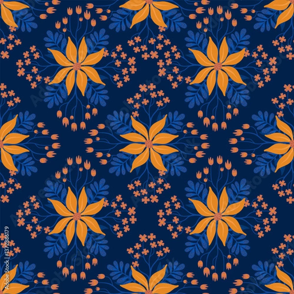 Obraz geometric floral arrangements. Exquisite blue background with flowers and buds. print for textiles and wallpaper
