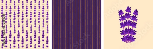 Fototapeta set of patterns with lavender and lines. poster and prints for fabric with Provence flowers