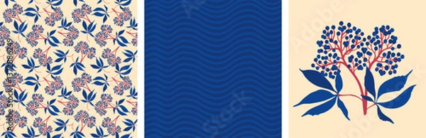 Fototapeta a set of patterns with girlish grapes and waves. poster and seamless pattern with berries on a branch.
