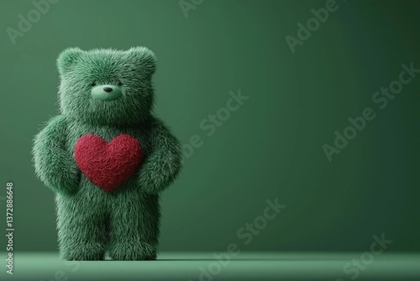 Obraz Green teddy bear holding a textured red heart on a green background