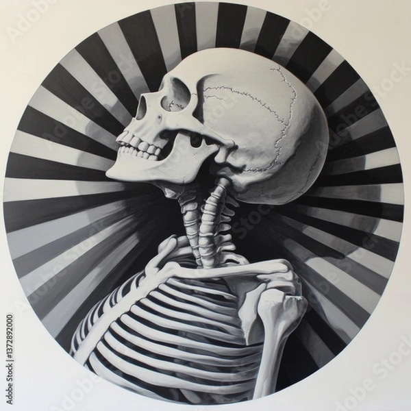 Fototapeta A black and white drawing of a human skeleton in a circle