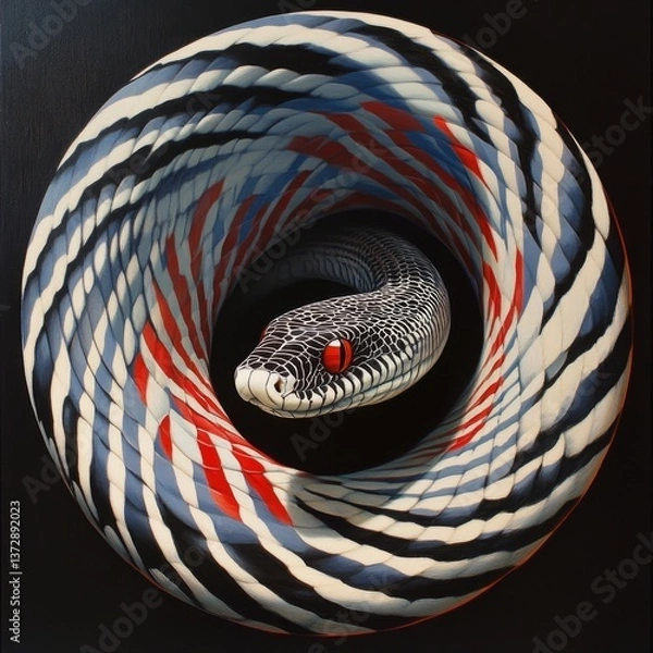 Fototapeta A painting of a snake with red eyes on a black background