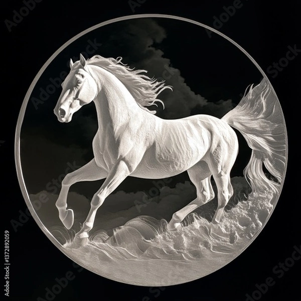 Fototapeta A white horse is galloping in a circle on a black background
