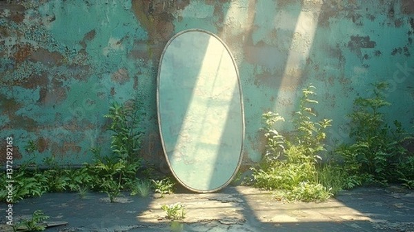 Fototapeta A large oval mirror sitting in the middle of a garden