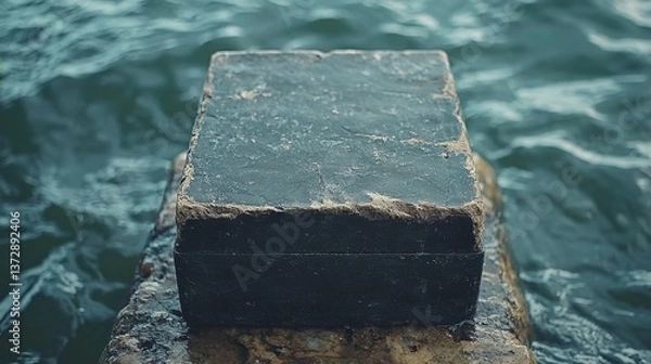 Fototapeta A black box sitting on top of a rock by the water