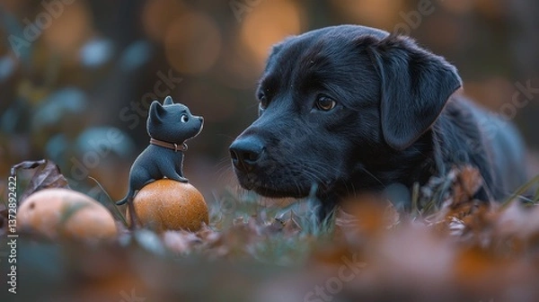 Fototapeta A black dog and a black cat sitting on top of an orange