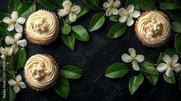 Fototapeta Three cupcakes with white frosting and white flowers on a black background