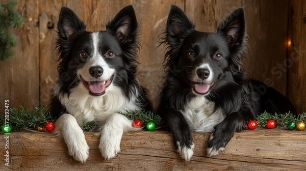 Fototapeta Two black and white dogs laying next to each other on a log