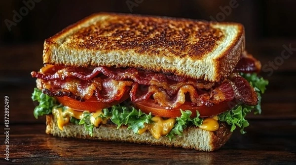 Fototapeta A bacon and cheese sandwich on a wooden table