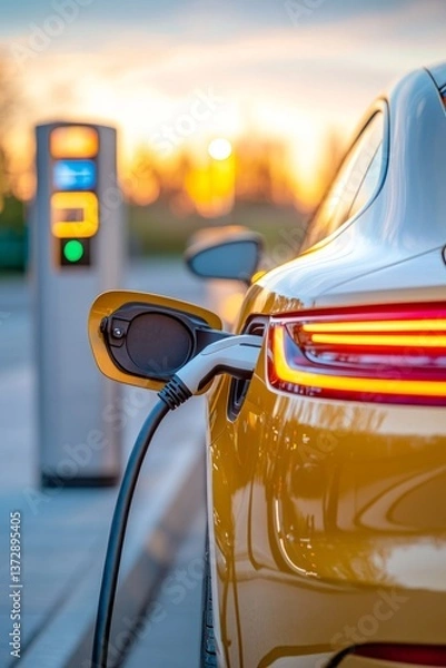 Fototapeta Rear view of an electric vehicle plugged into a charging station at sunset. A clean and futuristic approach to eco-friendly mobility.