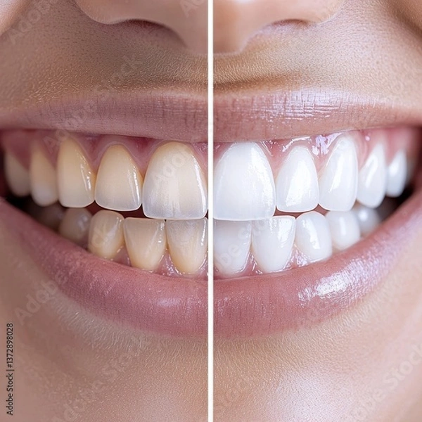 Obraz Split image highlighting the stark contrast between stained teeth and whitened teeth
