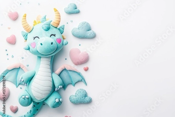 Obraz Cartoon dragon with blue skin and yellow horns surrounded by pink hearts and clouds