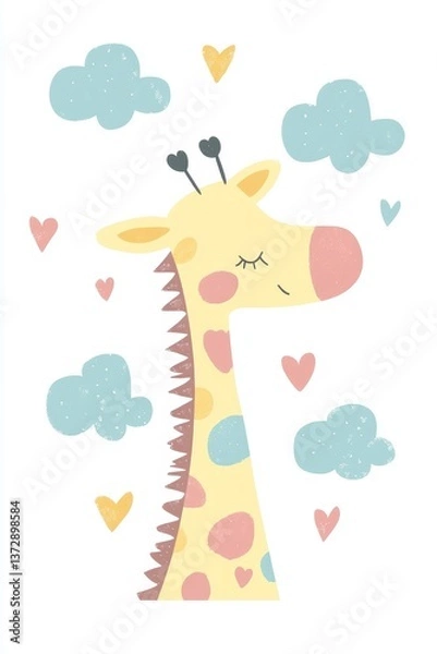 Obraz Cartoon giraffe surrounded by colorful hearts and fluffy clouds in whimsical design