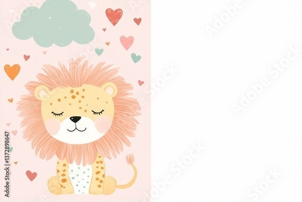Obraz Adorable card featuring cartoon lion with closed eyes, fluffy mane, and colorful heart accents, room for text

