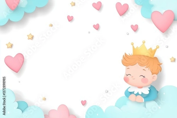 Obraz Little prince wearing a golden crown with blue outfit resting on fluffy clouds in dreamlike scene, room for text, card