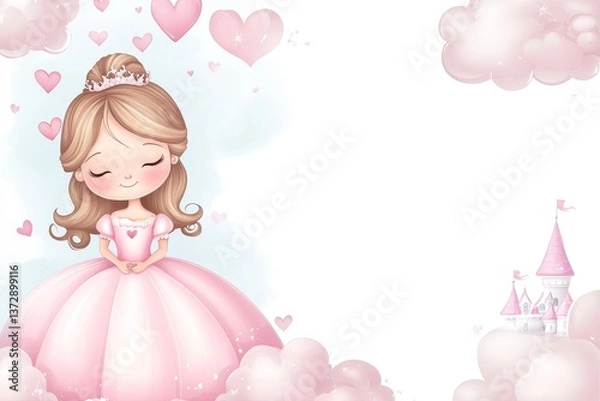 Obraz Illustration of young girl as princess with crown and pink castle background, card, room for text
