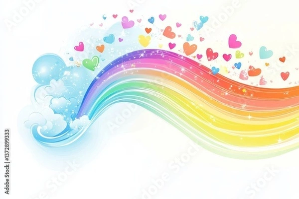 Obraz Bright and vibrant rainbow stretching from fluffy white clouds with scattered colorful hearts