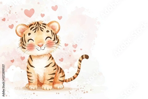 Obraz Adorable cartoon tiger cub sitting with closed eyes surrounded by pink hearts, room for text