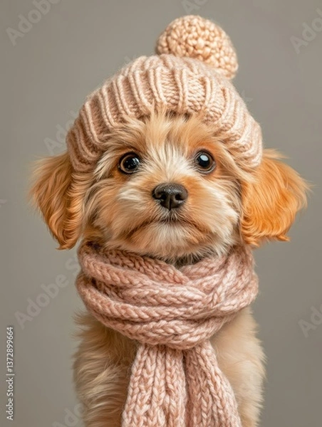 Obraz Small dog wearing knitted hat and scarf sitting against a plain gray backdrop