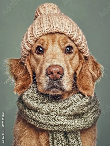 Obraz A cozy dog dressed in a knitted hat and scarf for a winter theme