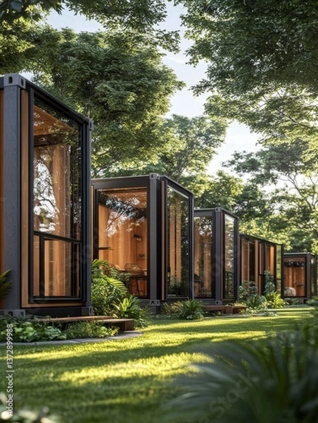 Obraz Modern small cabins with glass fronts nestled in serene lush greenery outdoors