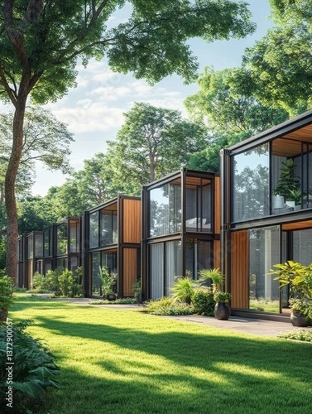 Obraz A row of wooden and metal pods blending with trees and daytime light