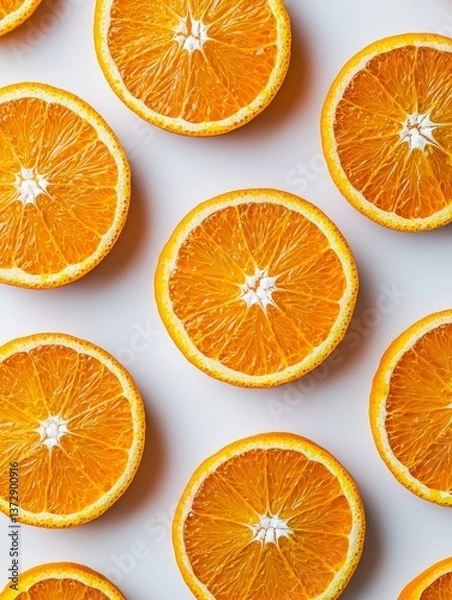 Obraz Top view of vibrant orange slices arranged symmetrically on light-colored background
