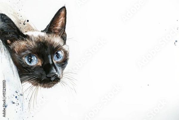 Obraz Watercolor card featuring of Siamese cat with piercing blue eyes on white background, room for text
