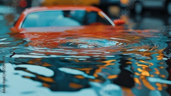 Obraz Orange car submerged in water creating ripples and reflections