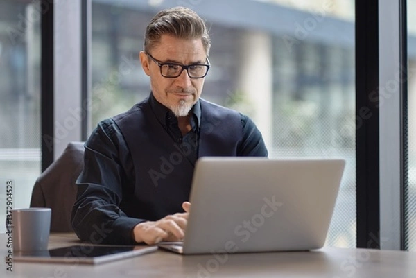 Fototapeta Business portrait - businessman using laptop computer in office. Happy middle aged man, entrepreneur working online.