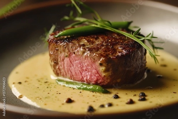 Obraz Closeup of medium rare filet mignon with creamy green pepper sauce and whole peppercorns served on an elegant plate
