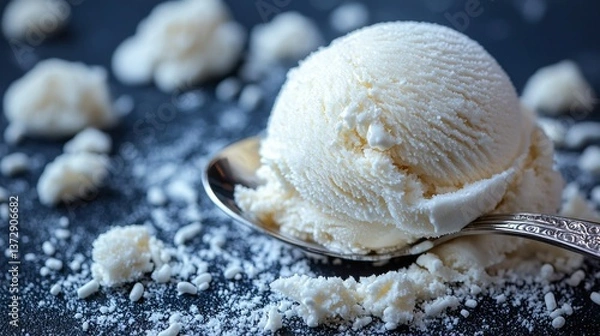 Obraz A scoop of vanilla ice cream on a spoon with powdered sugar