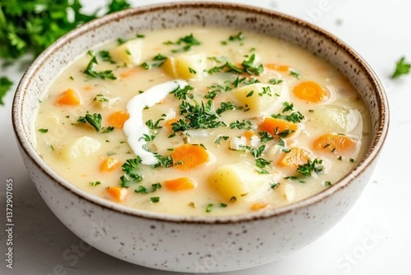 Fototapeta Delicious bowl of traditional creamy German potato soup with smooth pale yellow texture on a rustic table setting