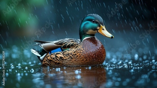 Fototapeta A duck swimming in the water in the rain